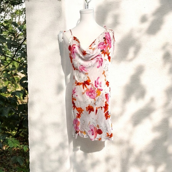 Zara Floral Cowl Neck Dress sun dress satin glam cottage tropical L - Picture 1 of 7
